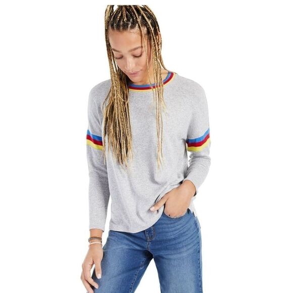 Style & Co Striped Crewneck Knit Top Light Grey Heather M - Picture 1 of 2